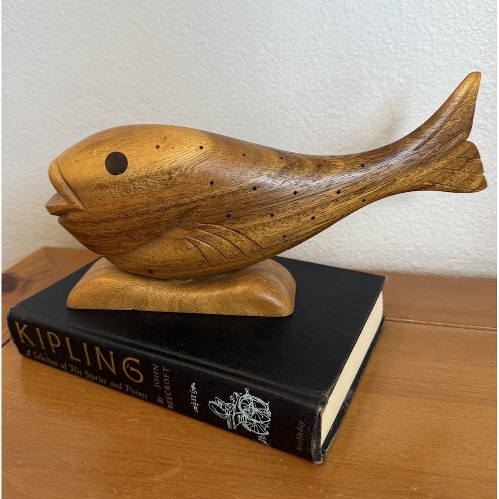 Vintage McM Hand Carved Hard Wood Fish Sculpture Appetizer Toothpick Holder